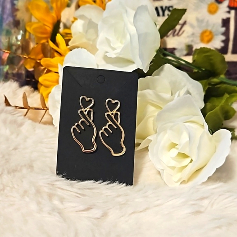 Gold Heart Hand Earrings NEW